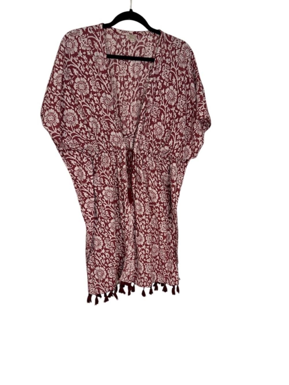 LOFT Burgundy Floral Knit Open-Front sun coverup with Tassels